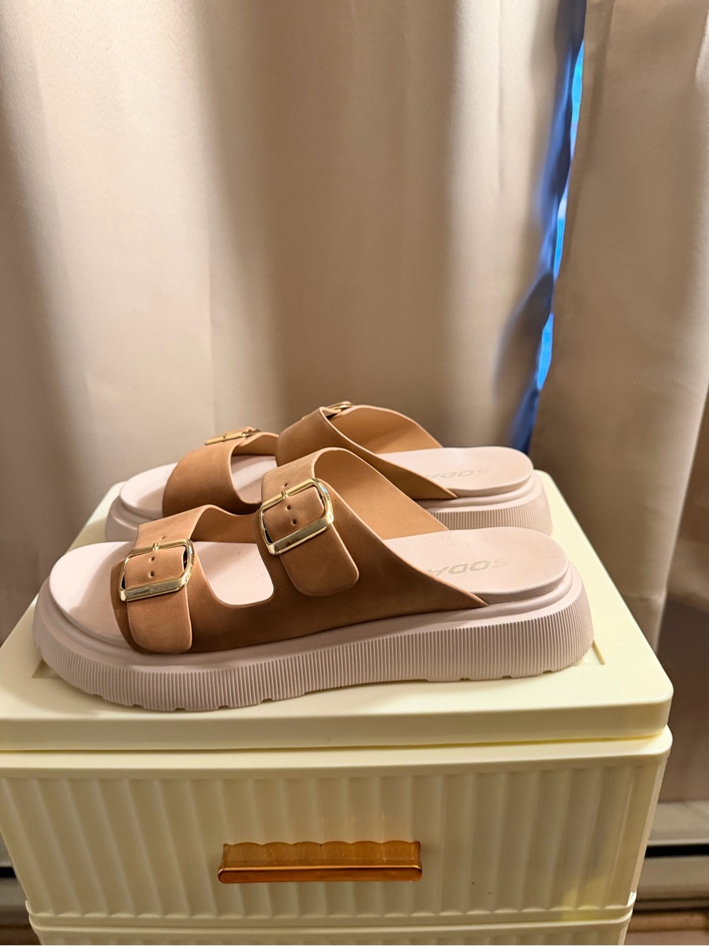 Soda Women's Tan Double-Buckle Platform Slide Sandals